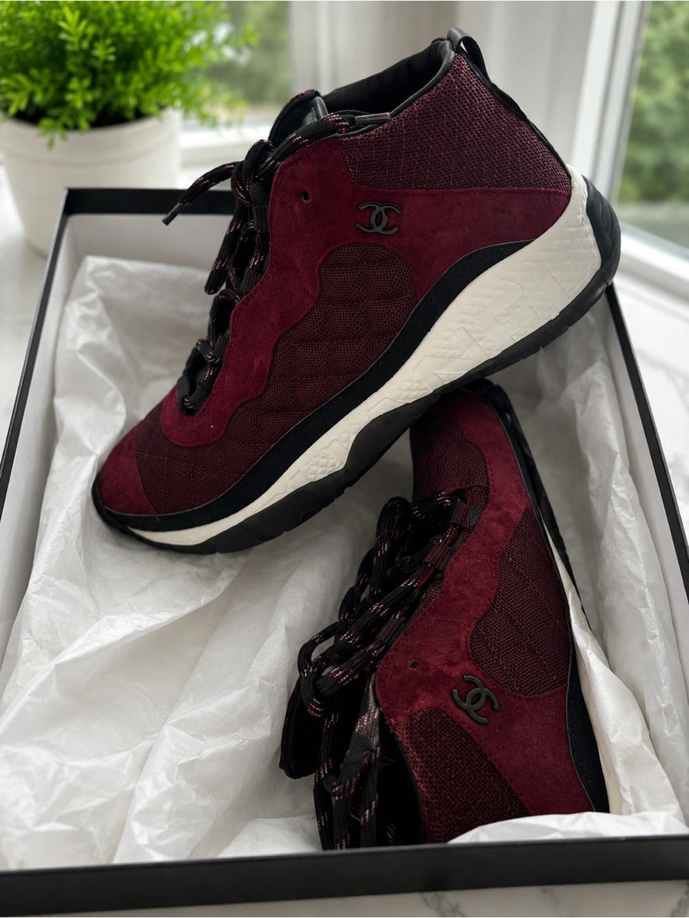 CHANEL Burgundy & Black Suede High-Top Sneakers